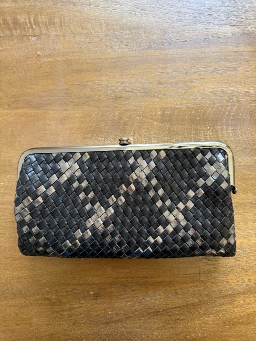 Like New HOBO Black and Gray Woven Frame Clutch